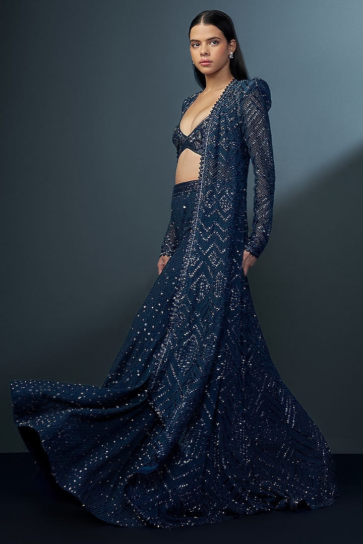 Midnight Blue Double Georgette Crystal Embroidered Bridal Sharara Set by Ritika Mirchandani at Pernia's Pop Up Shop