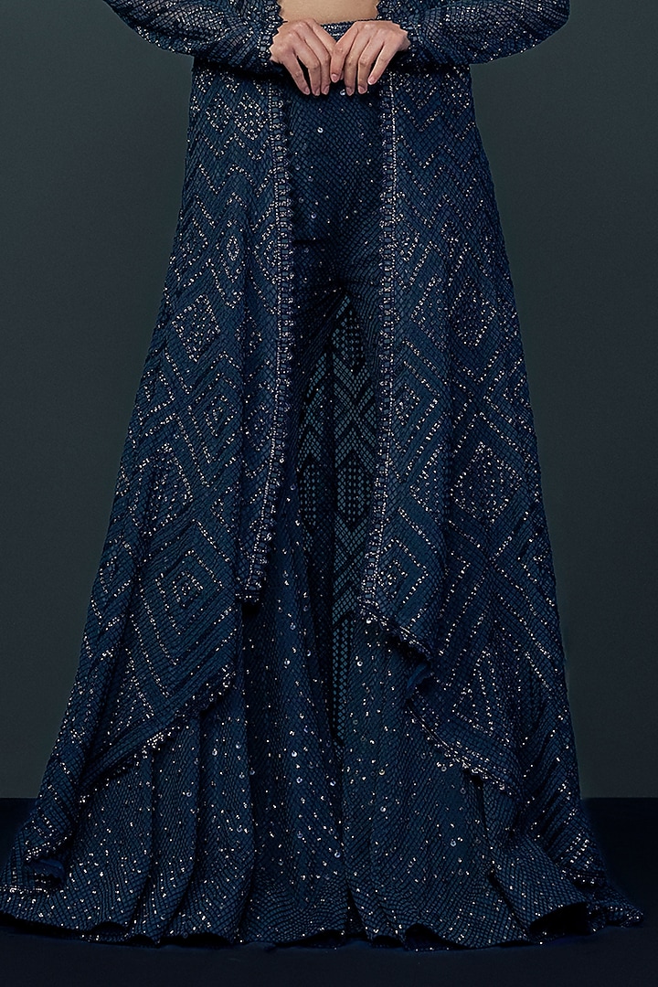 Midnight Blue Double Georgette Crystal Embroidered Bridal Sharara Set by Ritika Mirchandani at Pernia's Pop Up Shop