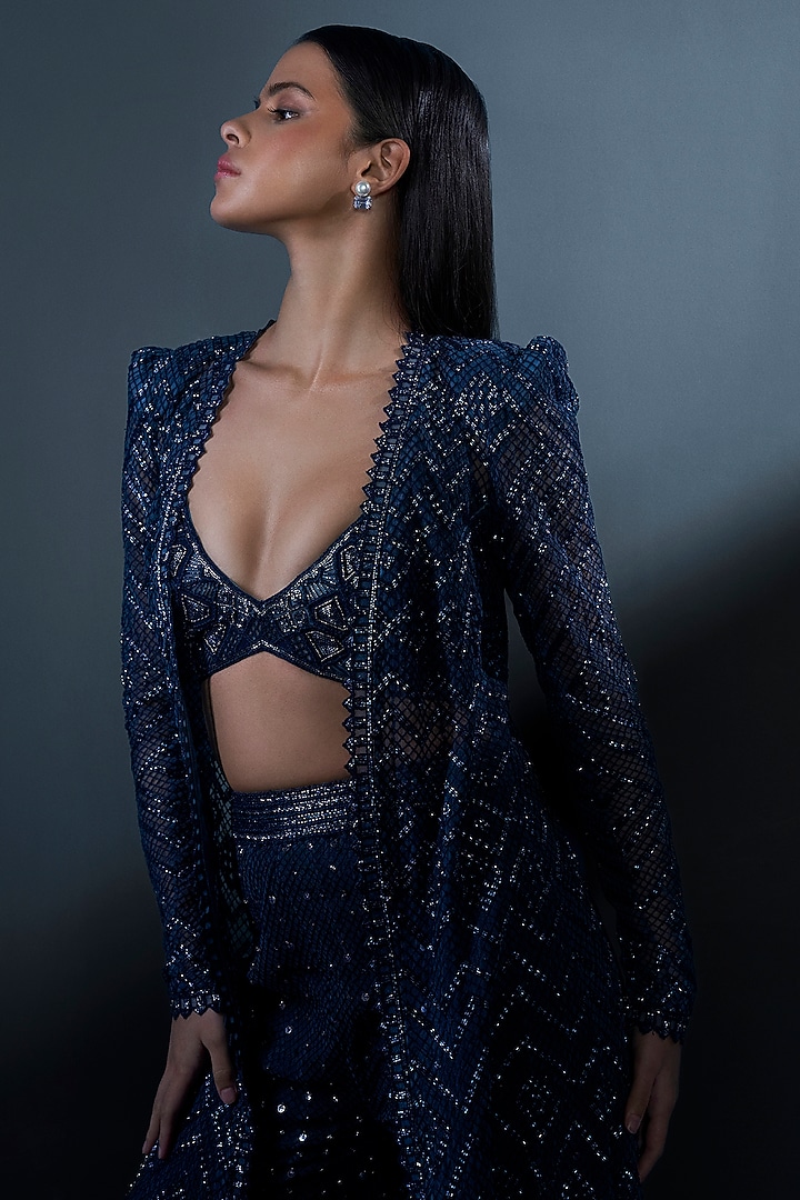 Midnight Blue Double Georgette Crystal Embroidered Bridal Sharara Set by Ritika Mirchandani at Pernia's Pop Up Shop