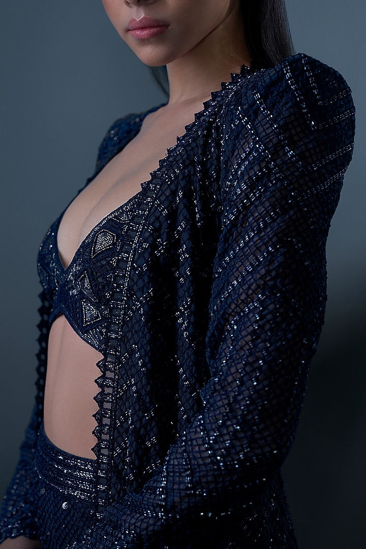 Midnight Blue Double Georgette Crystal Embroidered Bridal Sharara Set by Ritika Mirchandani at Pernia's Pop Up Shop