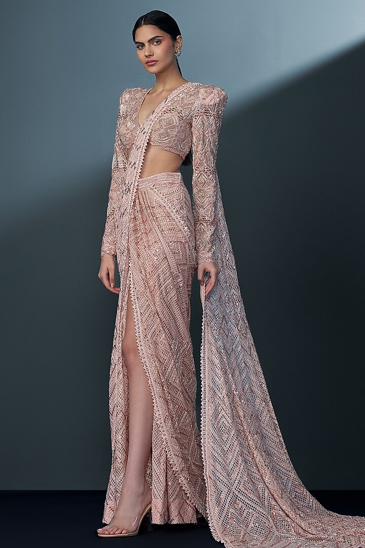 Blush Pink Double Georgette Crystal Embroidered Bridal Lehenga Saree Set by Ritika Mirchandani at Pernia's Pop Up Shop