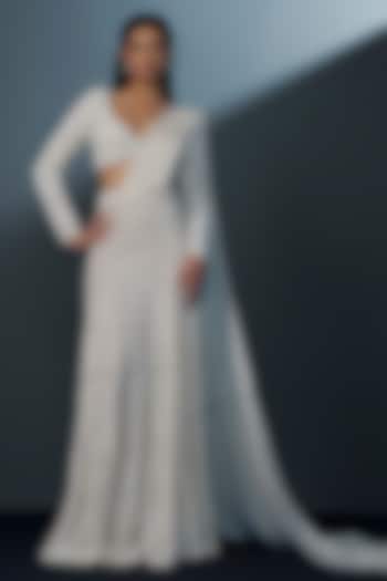 Ivory Double Georgette Bugle Beads Embroidered Bridal Lehenga Saree Set by Ritika Mirchandani at Pernia's Pop Up Shop