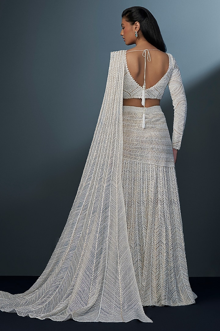 Ivory Double Georgette Bugle Beads Embroidered Bridal Lehenga Saree Set by Ritika Mirchandani at Pernia's Pop Up Shop