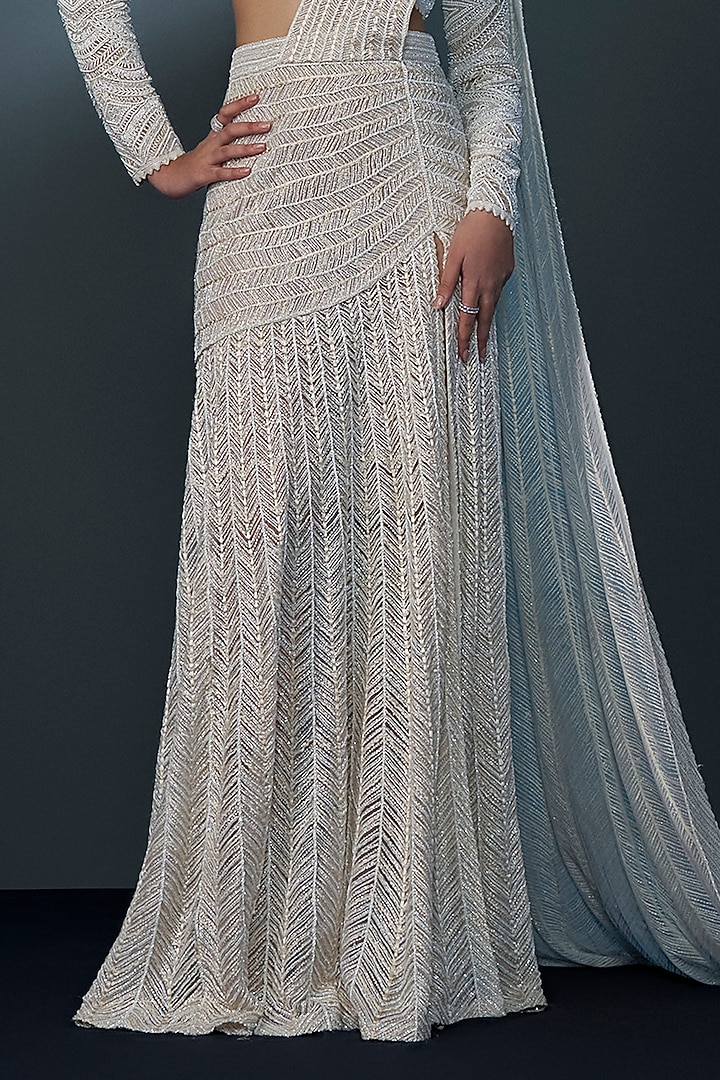 Ivory Double Georgette Bugle Beads Embroidered Bridal Lehenga Saree Set by Ritika Mirchandani at Pernia's Pop Up Shop