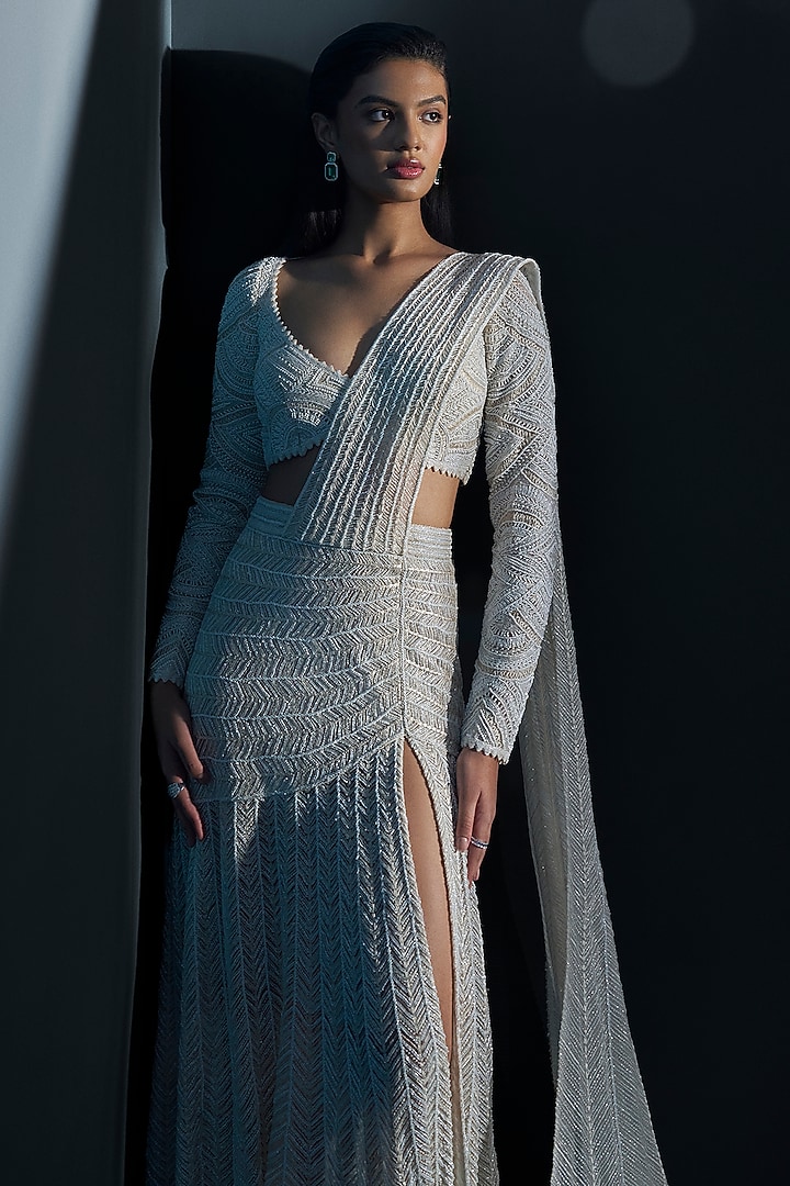 Ivory Double Georgette Bugle Beads Embroidered Bridal Lehenga Saree Set by Ritika Mirchandani at Pernia's Pop Up Shop