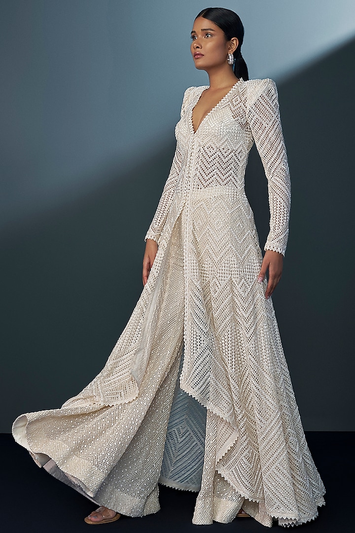 Ivory Double Georgette Crystal Embroidered Bridal Sharara Set by Ritika Mirchandani at Pernia's Pop Up Shop