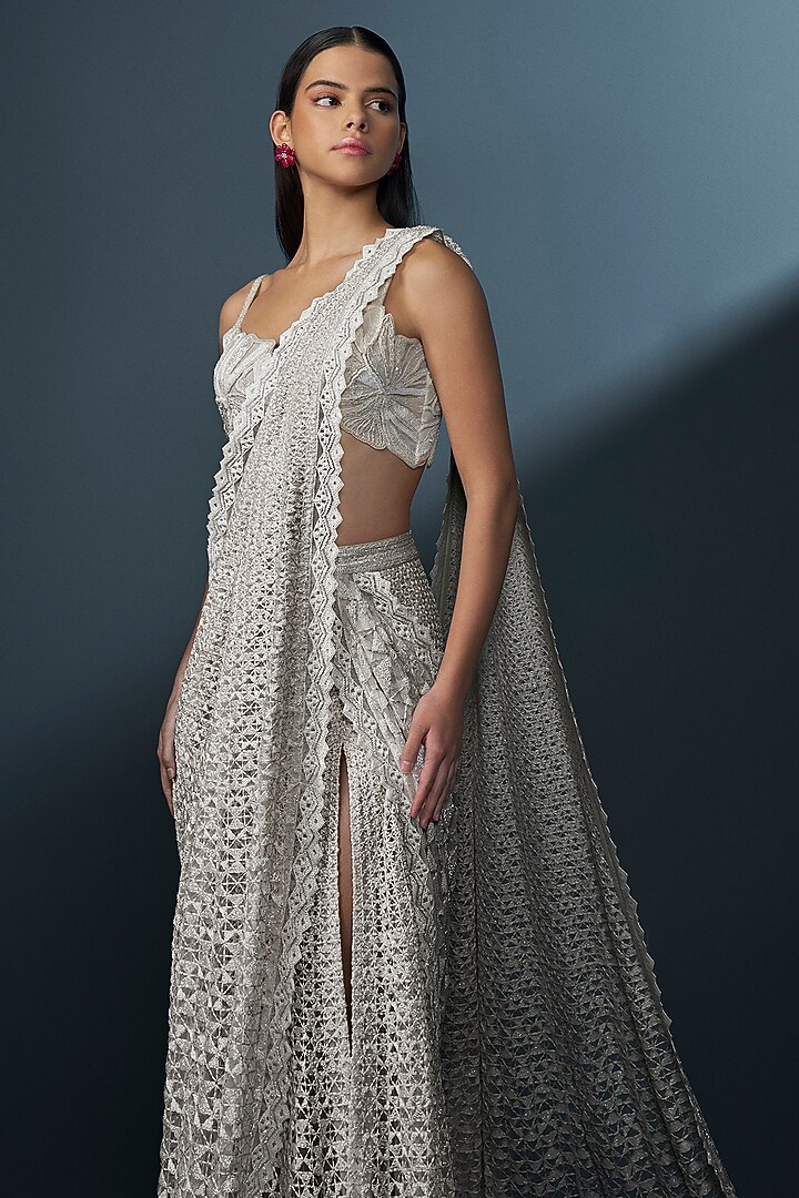 Ivory Double Georgette Crystal Embroidered Pre-Stitched Bridal Lehenga Saree Set by Ritika Mirchandani at Pernia's Pop Up Shop