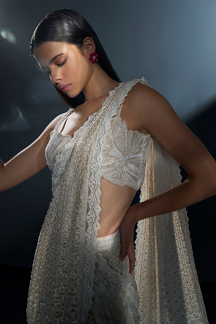 Ivory Double Georgette Crystal Embroidered Pre-Stitched Bridal Lehenga Saree Set by Ritika Mirchandani at Pernia's Pop Up Shop