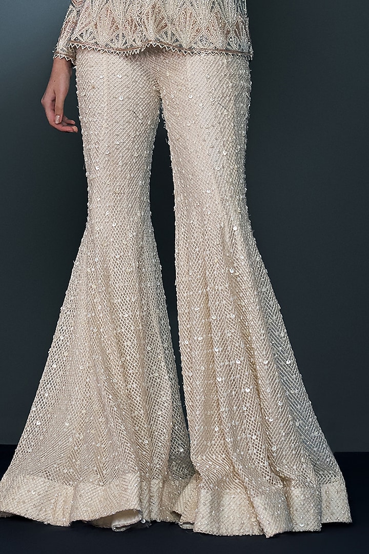 Ivory Double Georgette Crystal Embroidered Bridal Sharara Set by Ritika Mirchandani at Pernia's Pop Up Shop