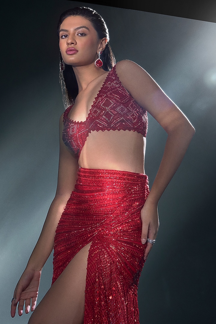 Red Double Georgette Crystal Embroidered Slit Skirt Set by Ritika Mirchandani at Pernia's Pop Up Shop
