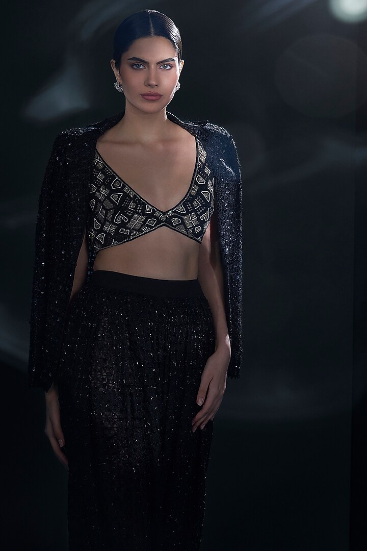 Black & Gold Double Georgette Crystal Embroidered Blazer Set by Ritika Mirchandani at Pernia's Pop Up Shop