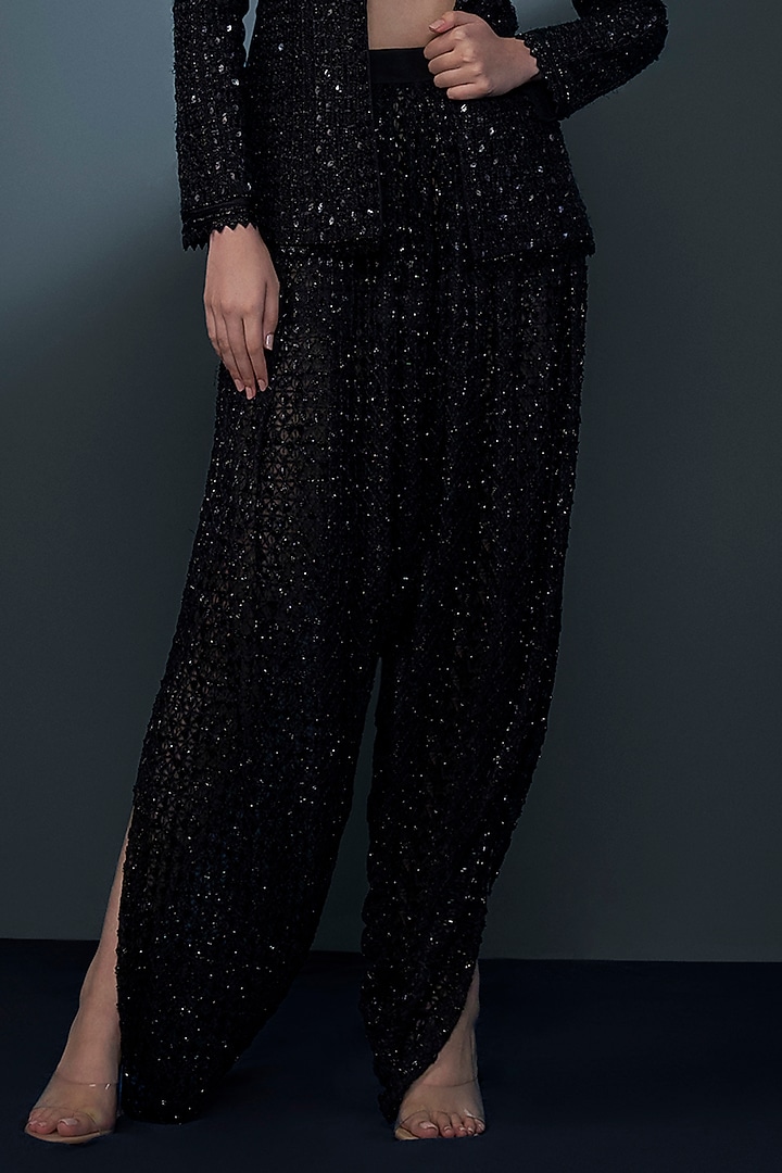 Black & Gold Double Georgette Crystal Embroidered Blazer Set by Ritika Mirchandani at Pernia's Pop Up Shop