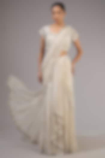 Ivory Crepe & Double Georgette Embroidered Bridal Lehenga Saree Set by Ritika Mirchandani at Pernia's Pop Up Shop