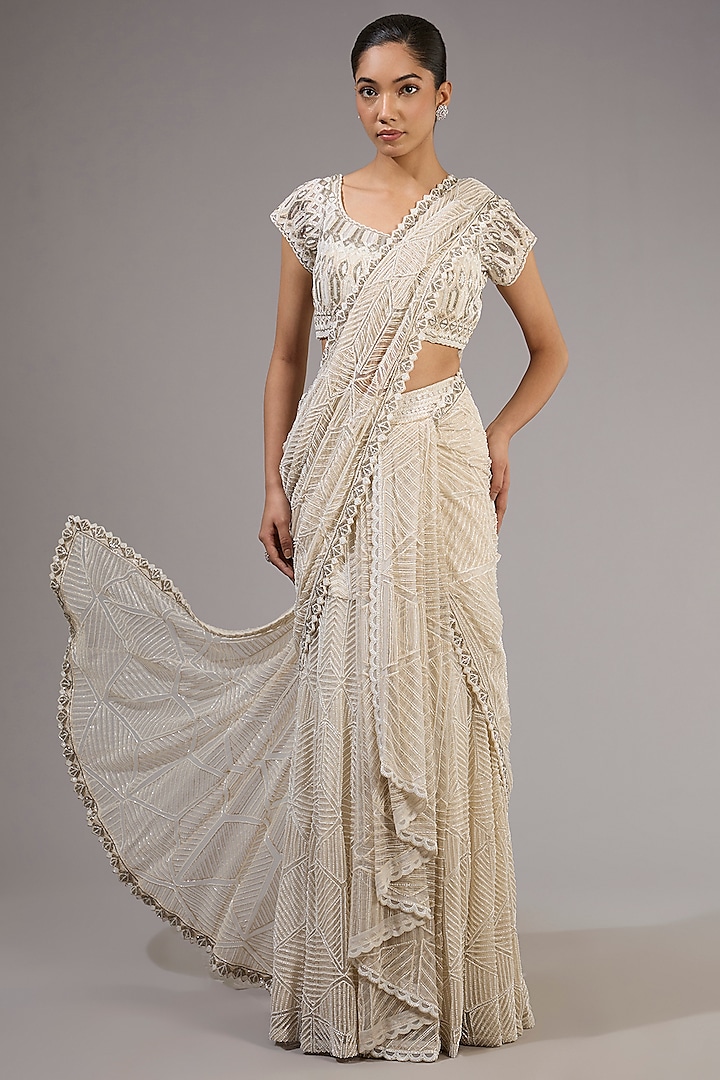 Ivory Crepe & Double Georgette Embroidered Bridal Lehenga Saree Set by Ritika Mirchandani at Pernia's Pop Up Shop