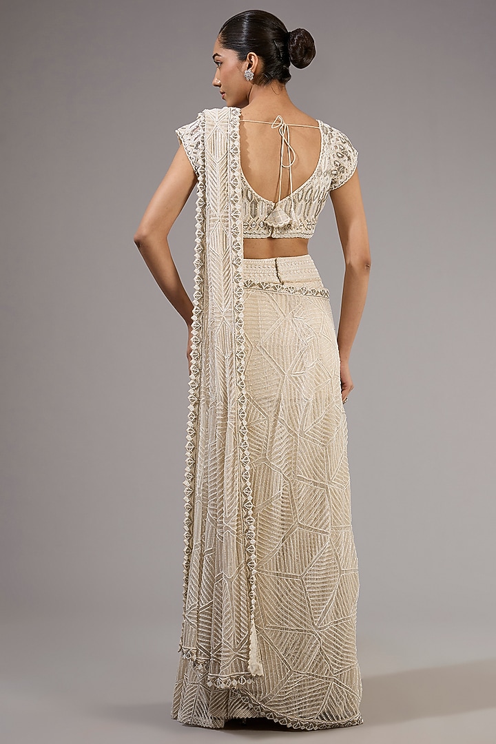 Ivory Crepe & Double Georgette Embroidered Bridal Lehenga Saree Set by Ritika Mirchandani at Pernia's Pop Up Shop