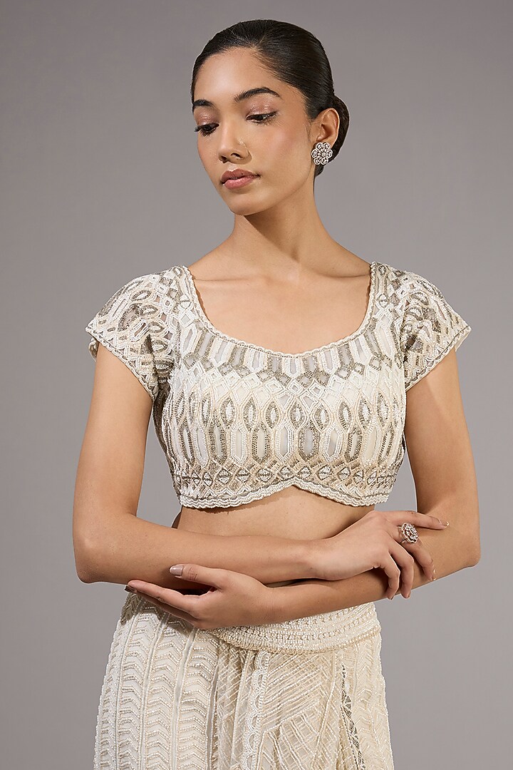 Ivory Crepe & Double Georgette Embroidered Bridal Lehenga Saree Set by Ritika Mirchandani at Pernia's Pop Up Shop