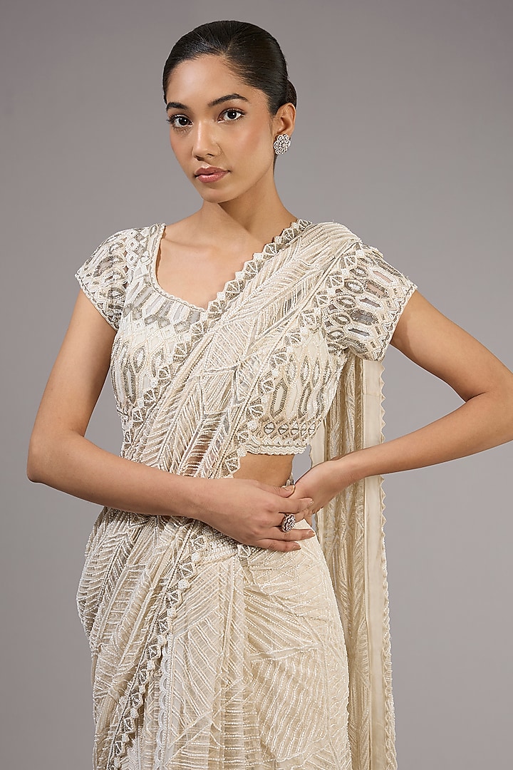 Ivory Crepe & Double Georgette Embroidered Bridal Lehenga Saree Set by Ritika Mirchandani at Pernia's Pop Up Shop