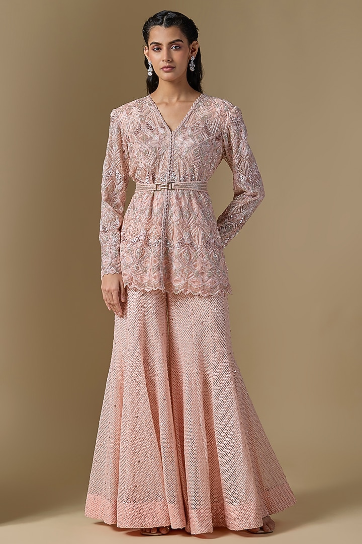 Soft Pink Crepe & Net Crystal Embellished Bridal Sharara Set by Ritika Mirchandani at Pernia's Pop Up Shop