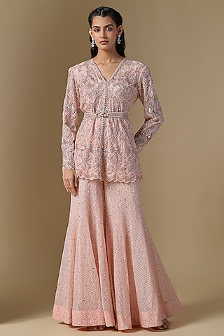 Soft Pink Crepe & Net Crystal Embellished Sharara Set by Ritika Mirchandani