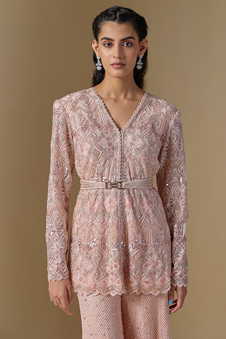 Soft Pink Crepe & Net Crystal Embellished Bridal Sharara Set by Ritika Mirchandani at Pernia's Pop Up Shop