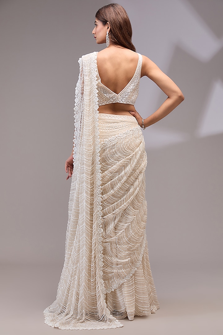 White Net Thread & Bugle Beads Embroidered Bridal Saree Set by Ritika Mirchandani at Pernia's Pop Up Shop