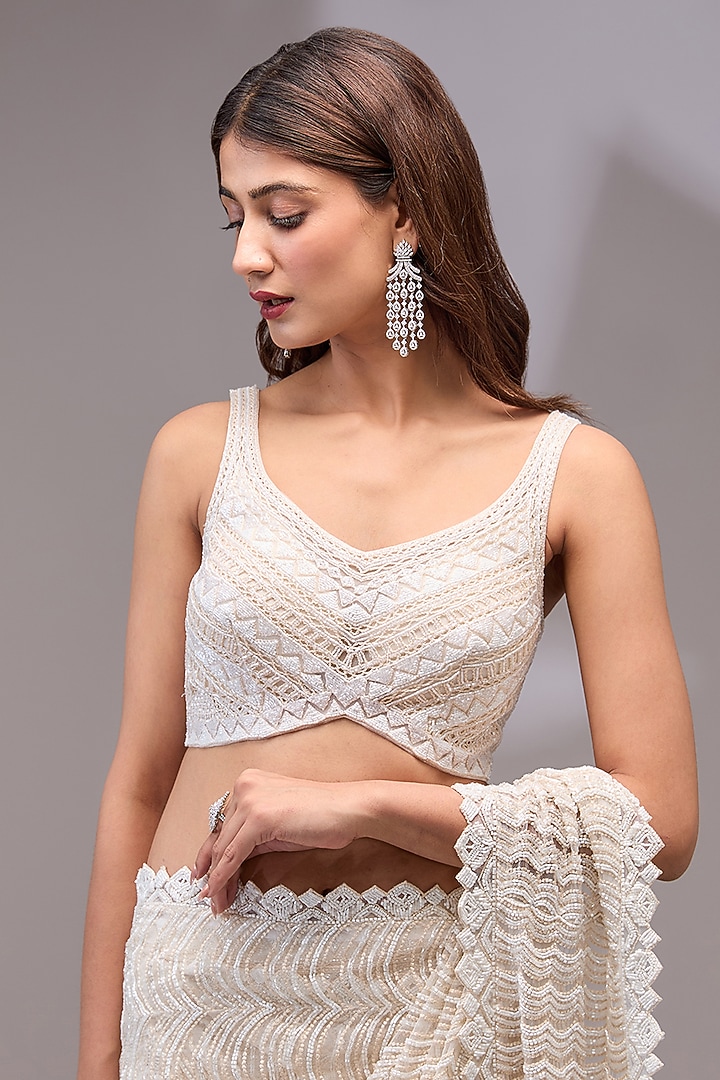 White Net Thread & Bugle Beads Embroidered Bridal Saree Set by Ritika Mirchandani at Pernia's Pop Up Shop