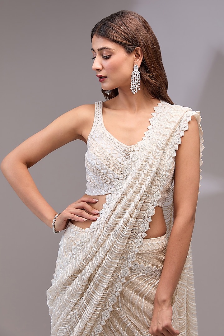 White Net Thread & Bugle Beads Embroidered Bridal Saree Set by Ritika Mirchandani at Pernia's Pop Up Shop