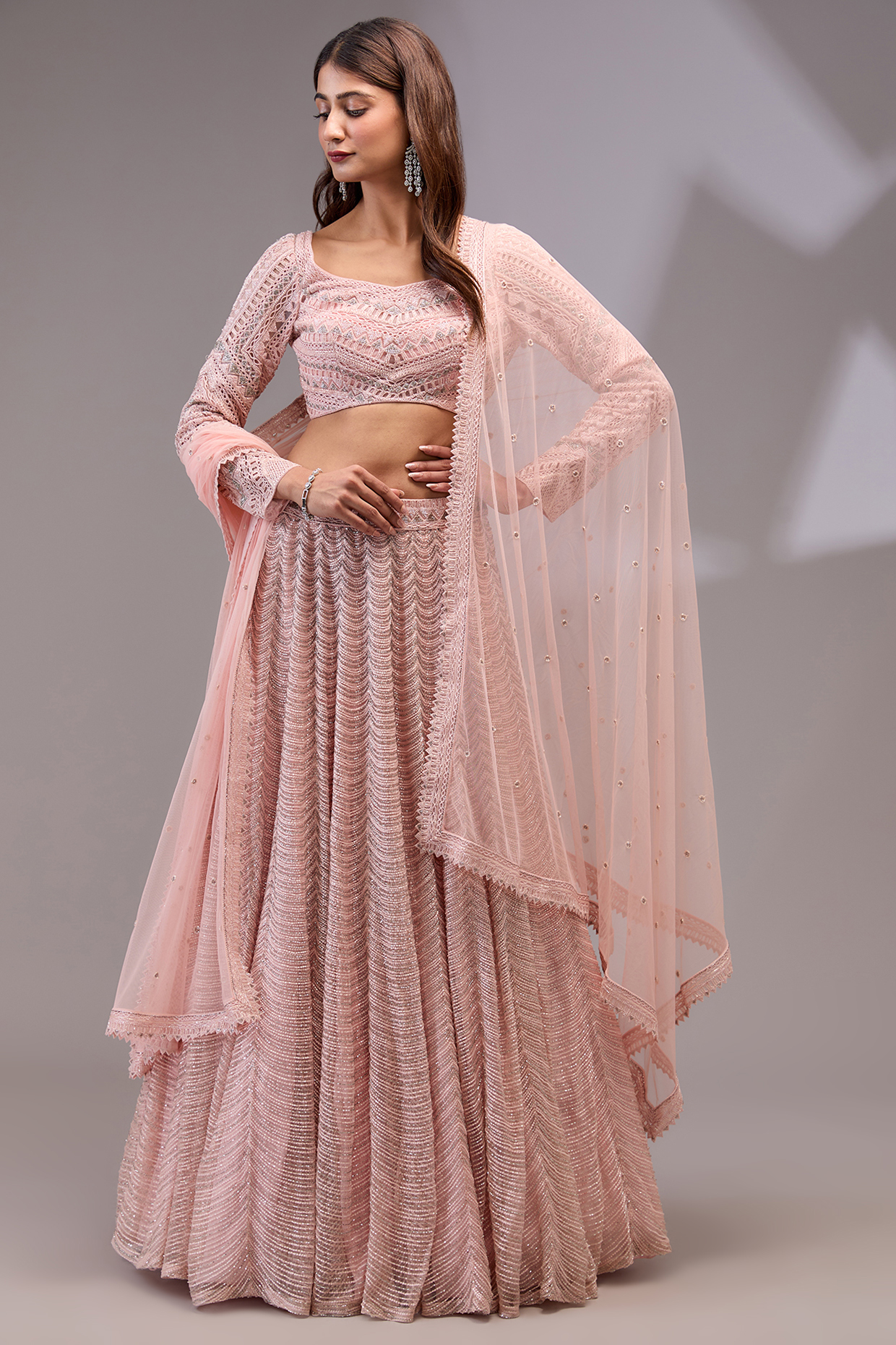 Rose Pink Net Thread & Bugle Beads Embroidered Bridal Lehenga Set by Ritika Mirchandani at Pernia's Pop Up Shop