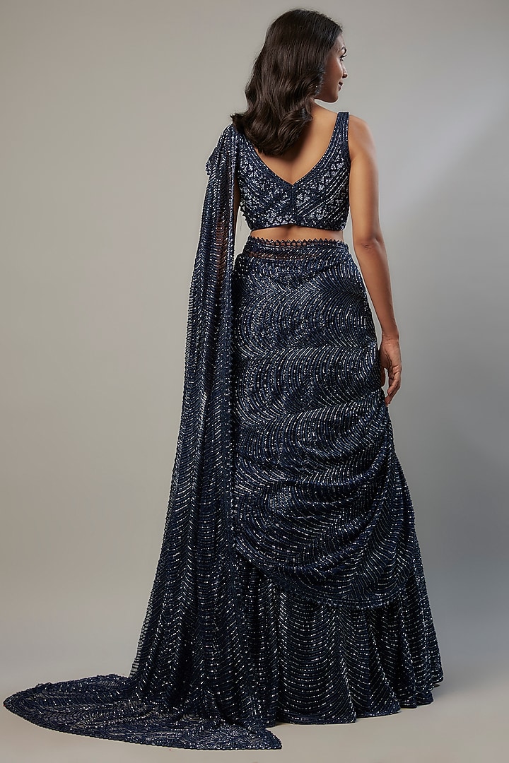 Blue Crepe & Double Georgette Cutdana Embroidered Bridal Lehenga Set by Ritika Mirchandani at Pernia's Pop Up Shop