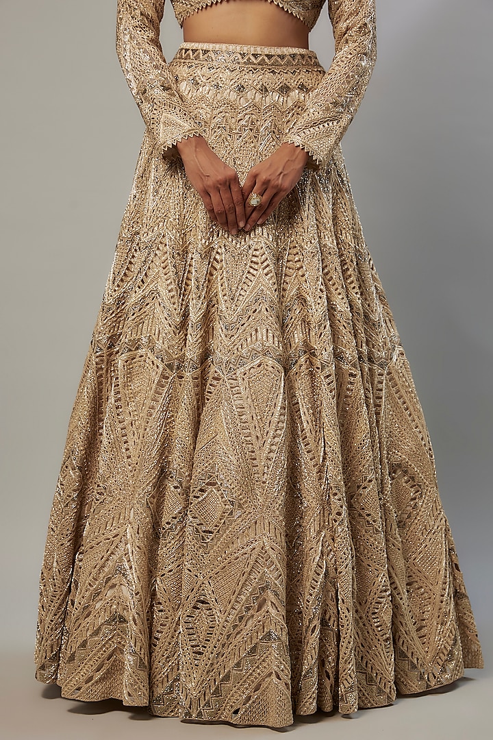 Gold Crepe & Double Georgette Cutdana Embroidered Bridal Lehenga Set by Ritika Mirchandani at Pernia's Pop Up Shop