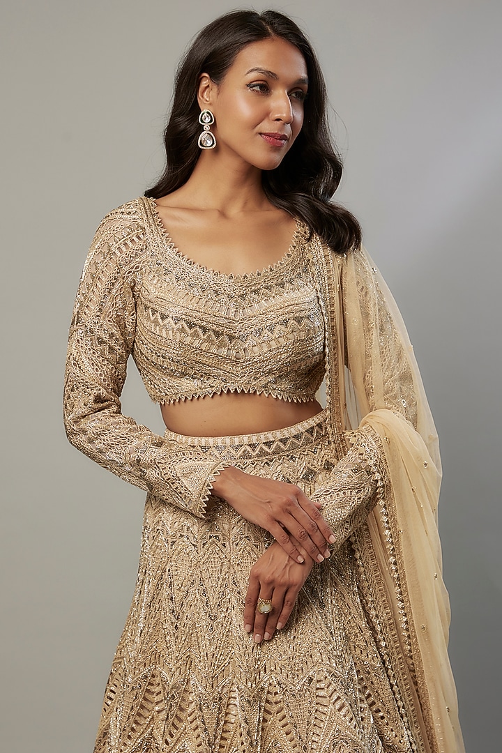 Gold Crepe & Double Georgette Cutdana Embroidered Bridal Lehenga Set by Ritika Mirchandani at Pernia's Pop Up Shop