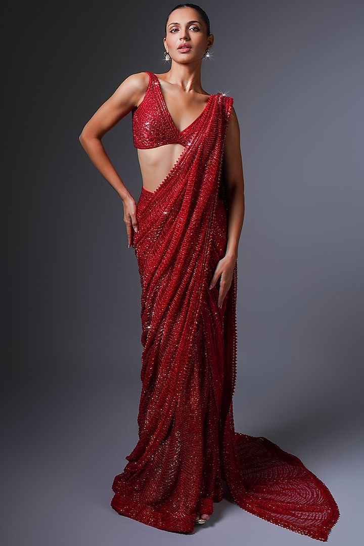 Red Double Georgette Thread Embroidered Bridal Lehenga Saree Set by Ritika Mirchandani at Pernia's Pop Up Shop