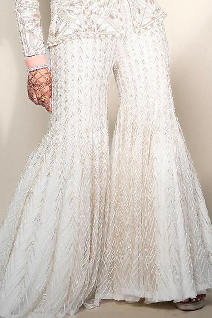 Ivory Double Georgette Crystal & Thread Embroidered Bridal Sharara Set by Ritika Mirchandani at Pernia's Pop Up Shop