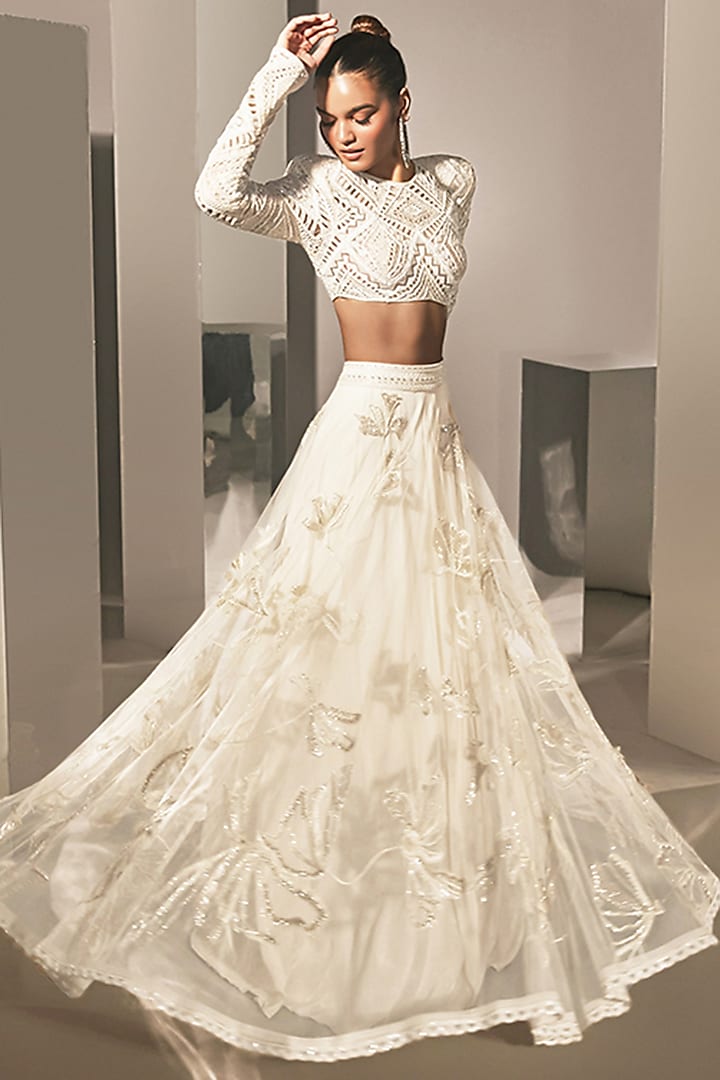 Ivory & Gold Crepe & Net Thread Embroidered Floral Bridal Lehenga Set by Ritika Mirchandani at Pernia's Pop Up Shop