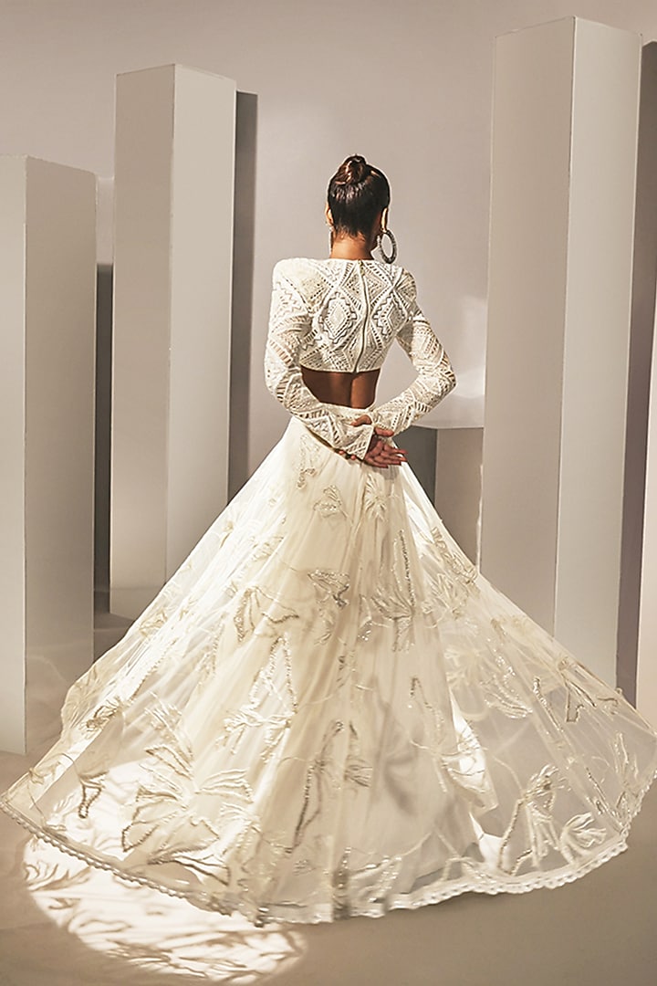 Ivory & Gold Crepe & Net Thread Embroidered Floral Bridal Lehenga Set by Ritika Mirchandani at Pernia's Pop Up Shop