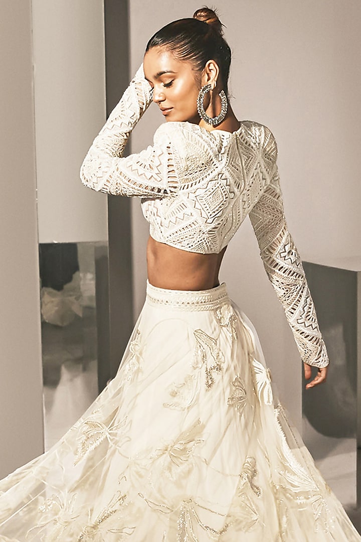 Ivory & Gold Crepe & Net Thread Embroidered Floral Bridal Lehenga Set by Ritika Mirchandani at Pernia's Pop Up Shop