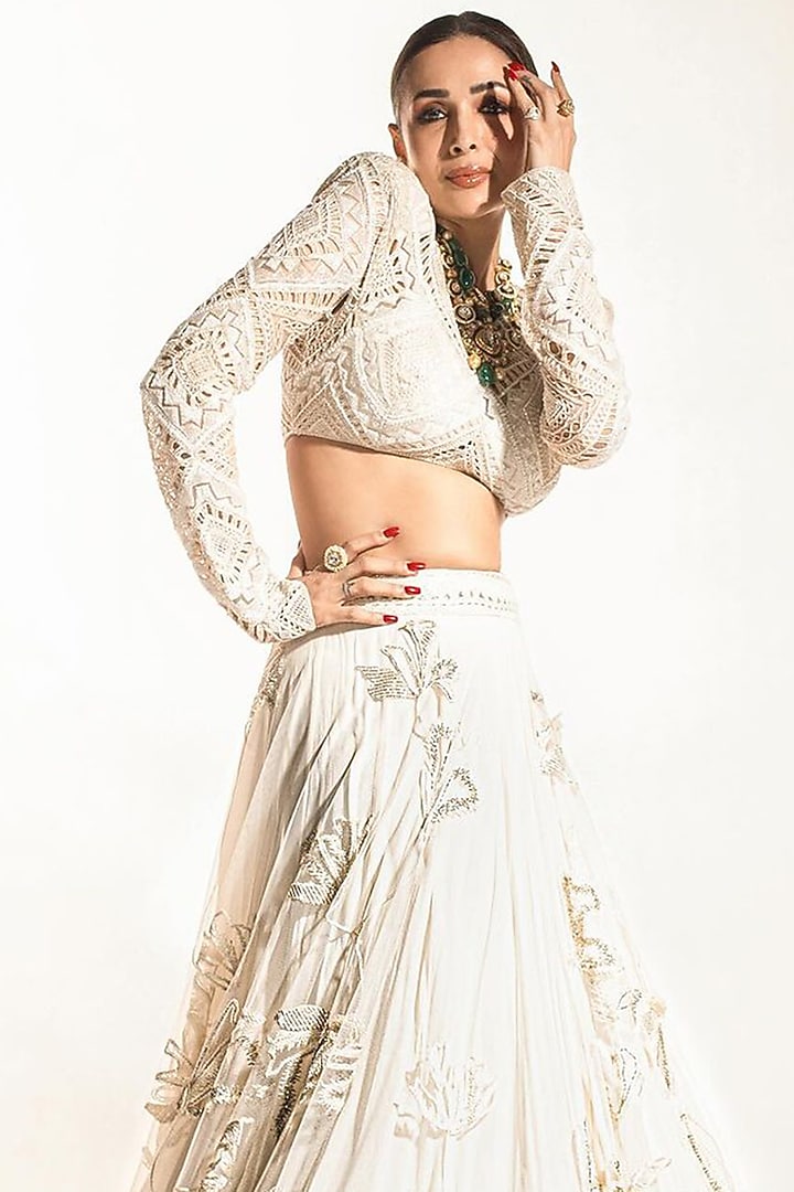 Ivory & Gold Crepe & Net Thread Embroidered Floral Bridal Lehenga Set by Ritika Mirchandani at Pernia's Pop Up Shop