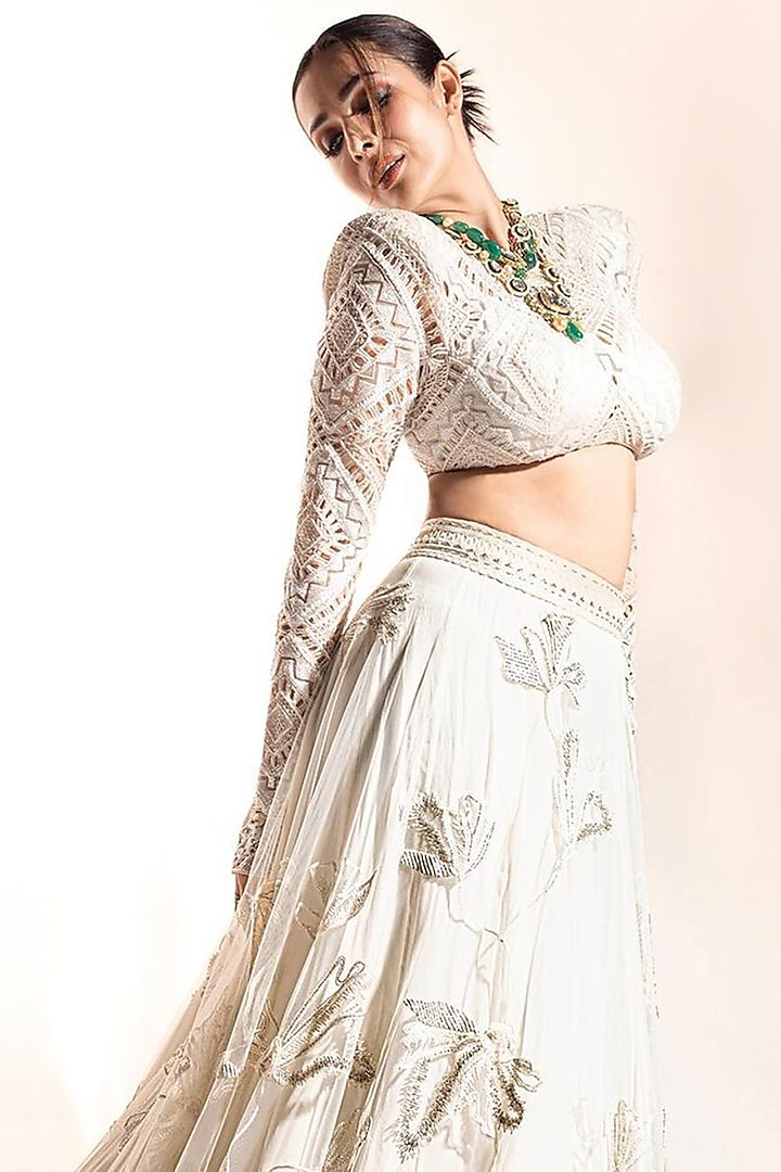 Ivory & Gold Crepe & Net Thread Embroidered Floral Bridal Lehenga Set by Ritika Mirchandani at Pernia's Pop Up Shop