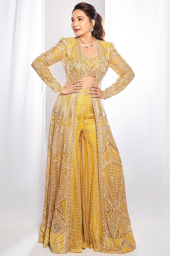 Yellow & Gold Double Georgette Thread Embroidered Flared Sharara Set by Ritika Mirchandani at Pernia's Pop Up Shop