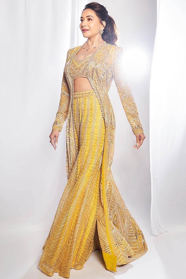 Yellow & Gold Double Georgette Thread Embroidered Flared Bridal Sharara Set by Ritika Mirchandani at Pernia's Pop Up Shop