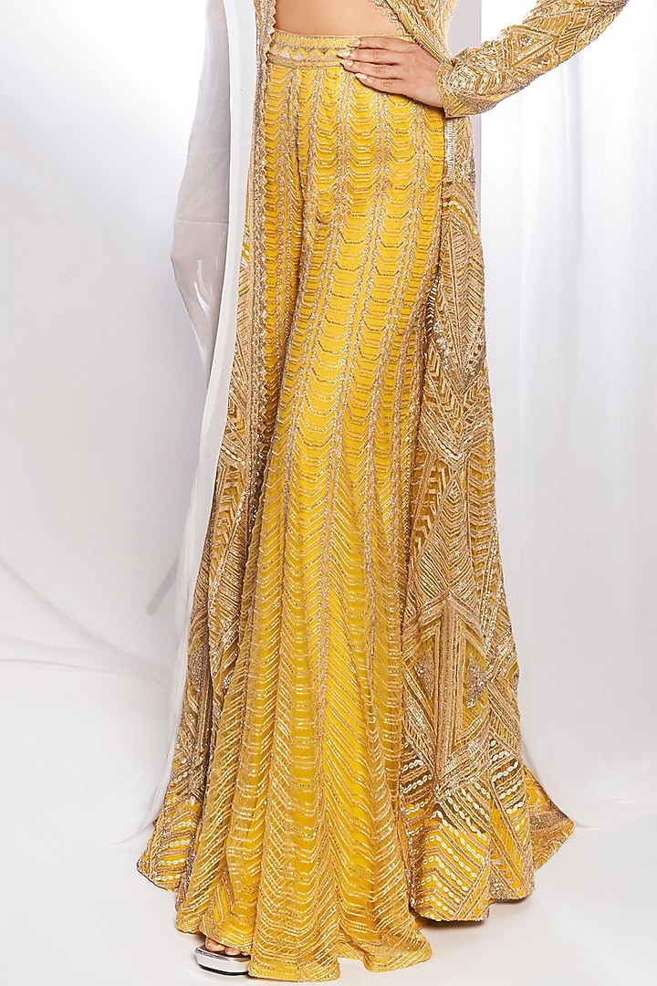 Yellow & Gold Double Georgette Thread Embroidered Flared Bridal Sharara Set by Ritika Mirchandani at Pernia's Pop Up Shop