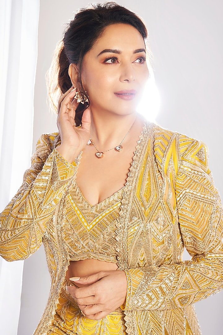 Yellow & Gold Double Georgette Thread Embroidered Flared Bridal Sharara Set by Ritika Mirchandani at Pernia's Pop Up Shop
