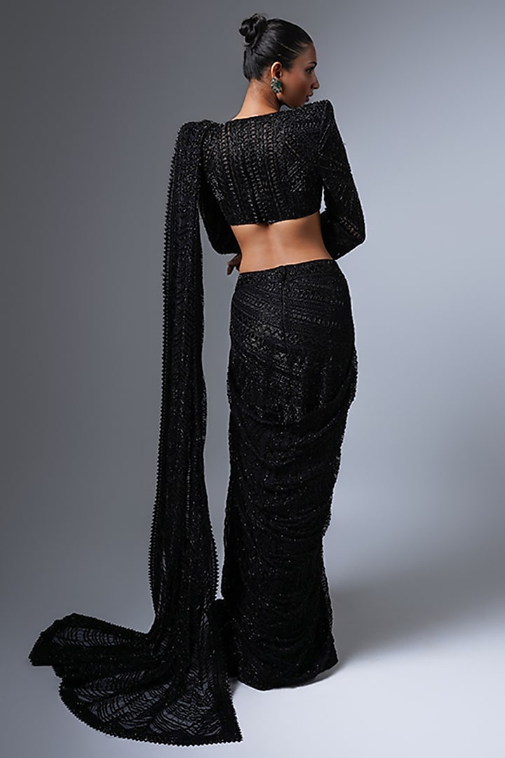 Black Double Georgette Crystal & Thread Embroidered Slit Bridal Lehenga Saree Set by Ritika Mirchandani at Pernia's Pop Up Shop