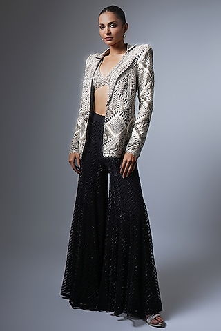 Black Double Georgette Pearl Embroidered Chevron Sharara Set by Ritika Mirchandani