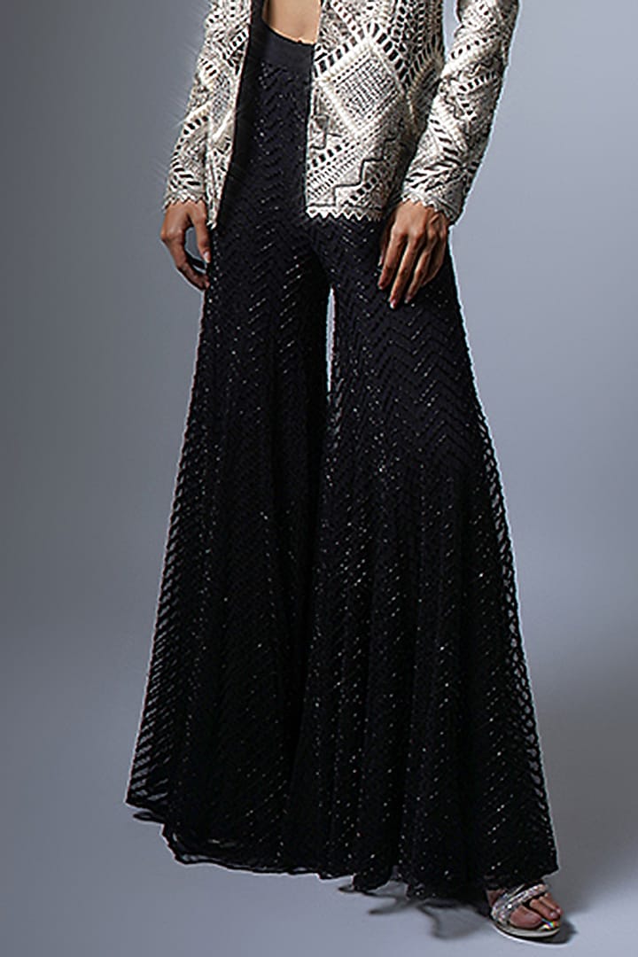 Black Double Georgette Pearl Embroidered Chevron Bridal Sharara Set by Ritika Mirchandani at Pernia's Pop Up Shop
