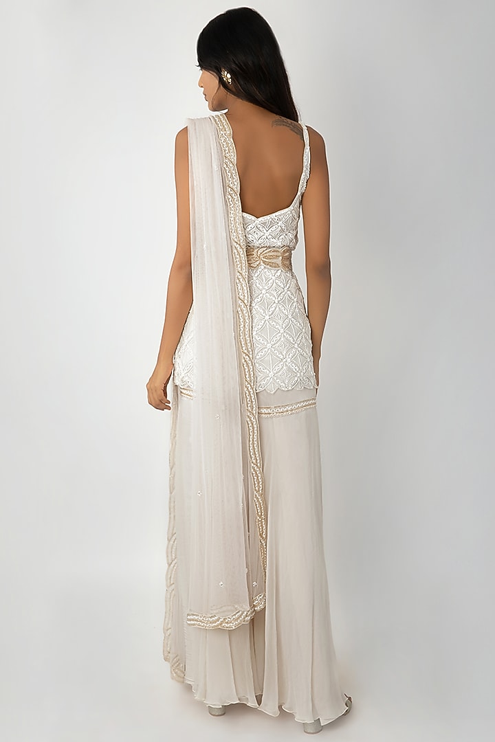 Ivory & Gold Organza Embroidered Kurta Set With Belt by Ritika Mirchandani at Pernia's Pop Up Shop