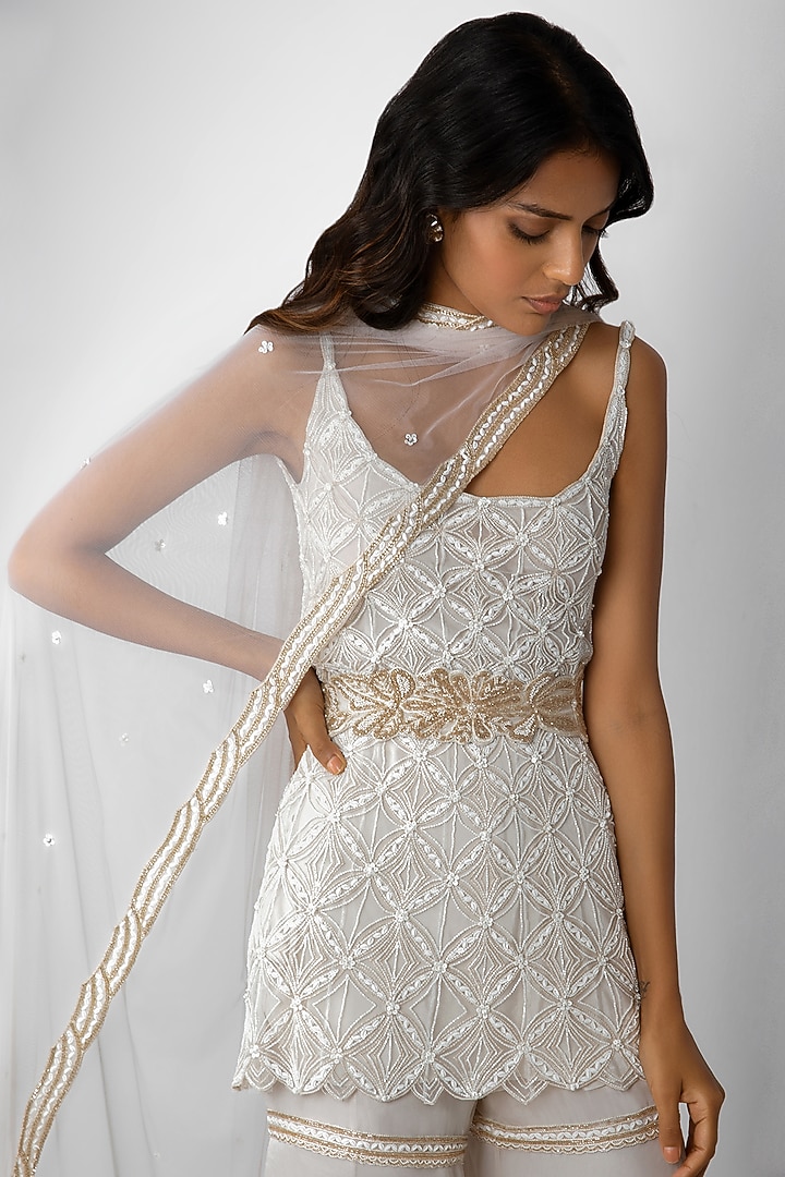 Ivory & Gold Organza Embroidered Kurta Set With Belt by Ritika Mirchandani at Pernia's Pop Up Shop