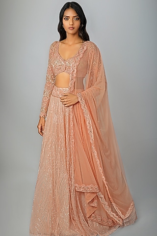 Peach Embroidered Lehenga Set by Ritika Mirchandani