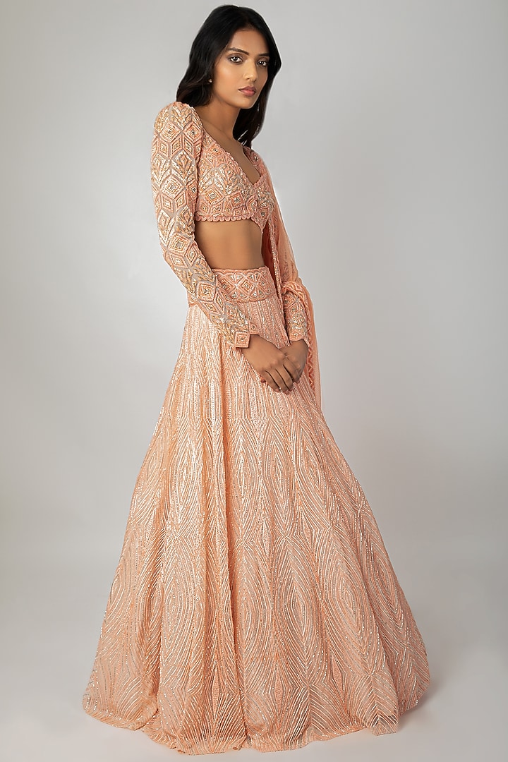 Peach Embroidered Bridal Lehenga Set by Ritika Mirchandani at Pernia's Pop Up Shop