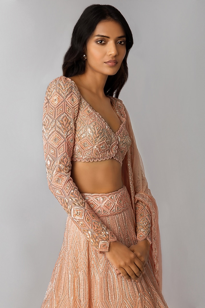 Peach Embroidered Bridal Lehenga Set by Ritika Mirchandani at Pernia's Pop Up Shop